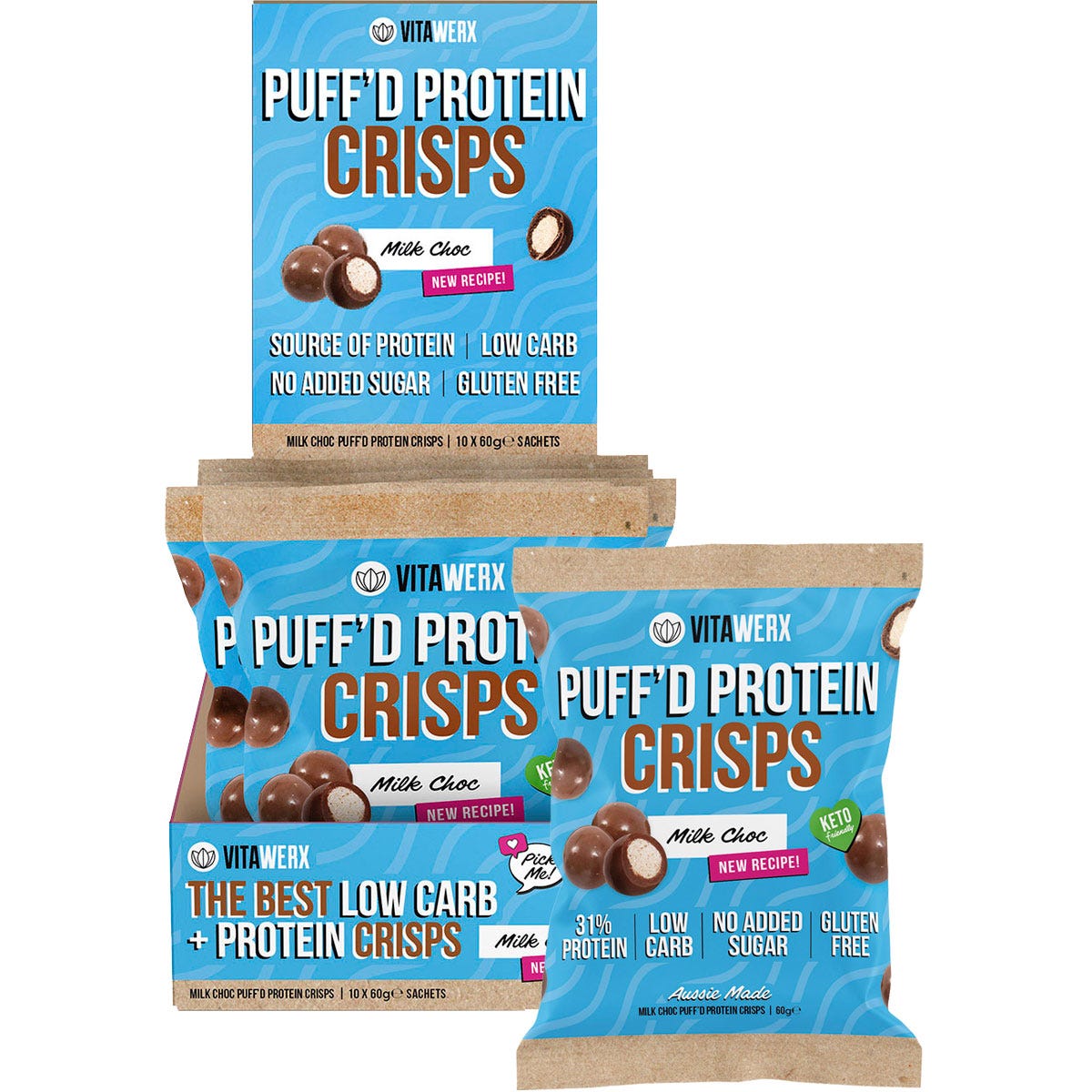 Vitawerx Puff'd Protein Crisps Milk Choc 60g pack and 10-pack box featuring crunchy chocolate-coated treats.