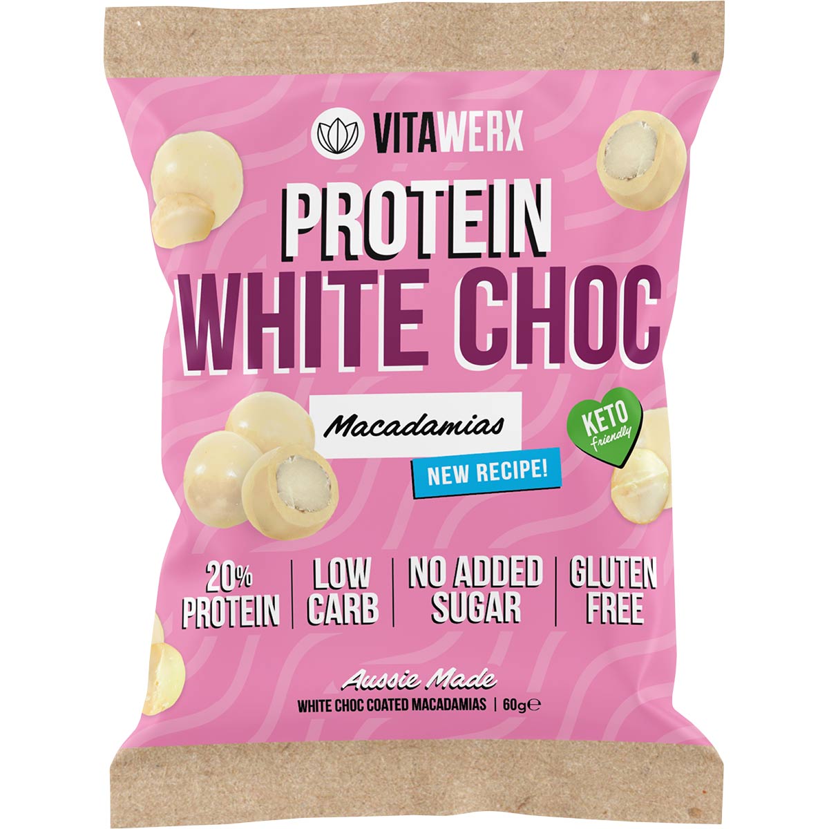 60g bag of Vitawerx White Choc Coated Macadamias with a single white chocolate-dipped nut displayed in front.