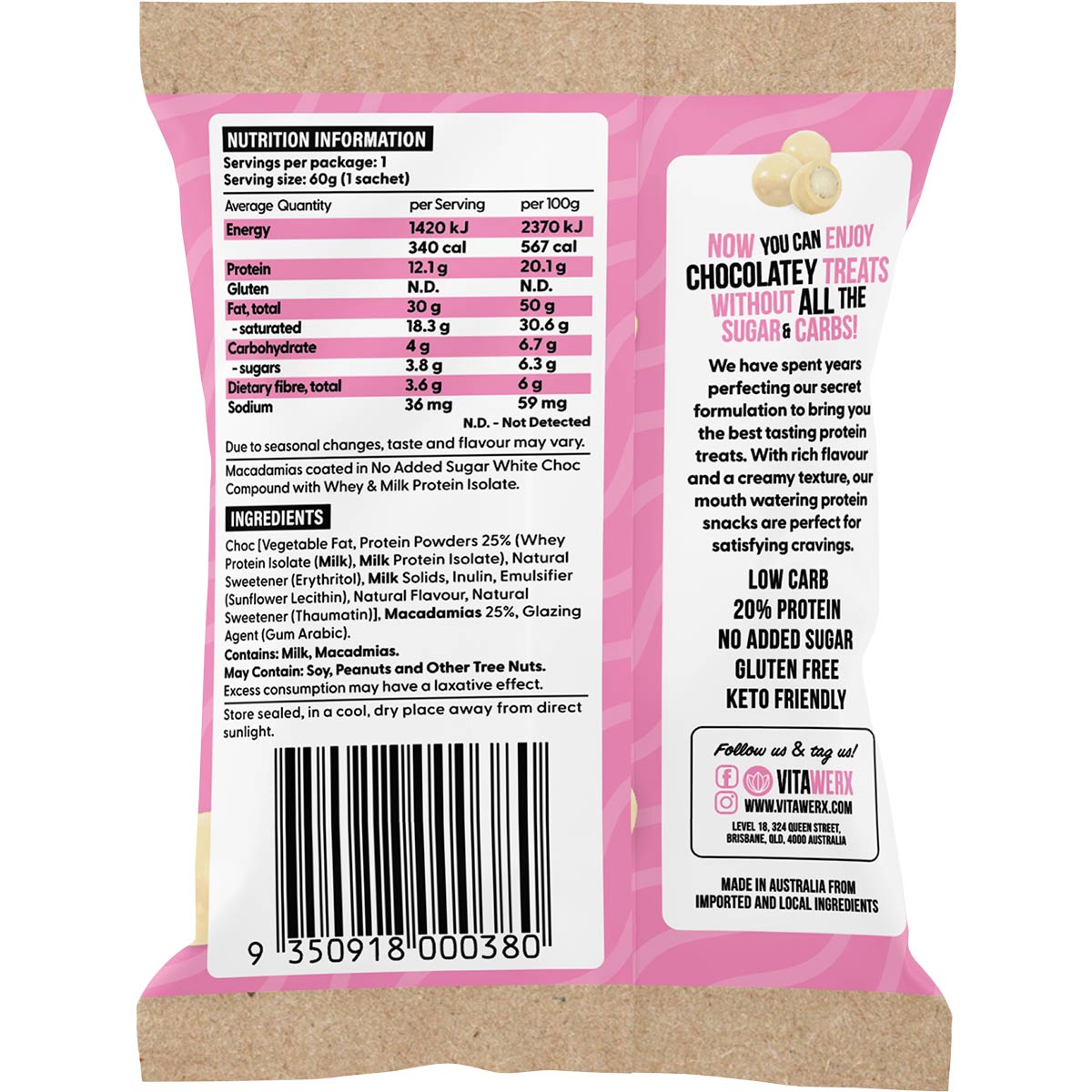 Back of a Vitawerx White Choc Macadamias 60g bag showing nutrition facts, ingredients, and keto-friendly features.