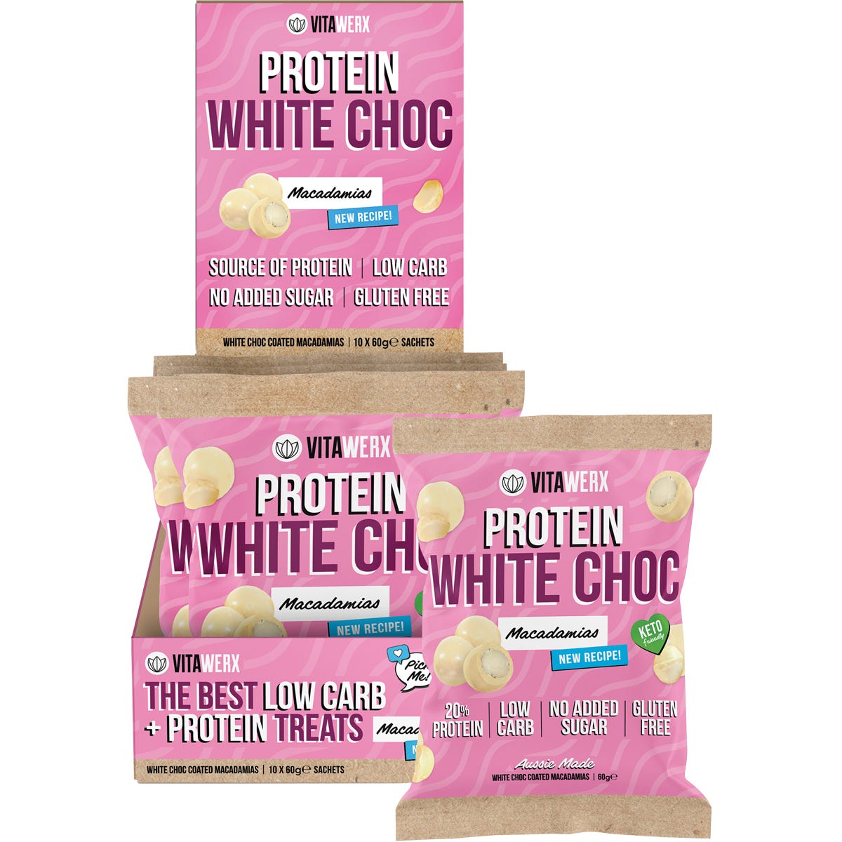 Box of 10 Vitawerx White Choc Coated Macadamias (60g) featuring individual bags and a white chocolate-dipped nut.