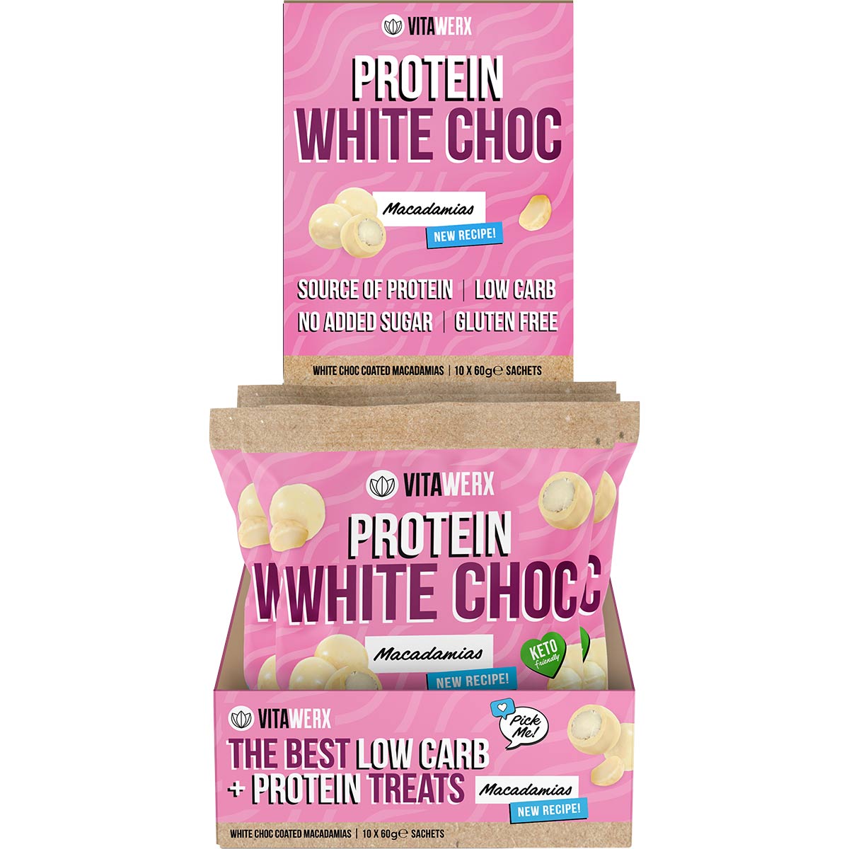 Retail display box of Vitawerx White Choc Coated Macadamias featuring ten 60g snack bags on a white background.
