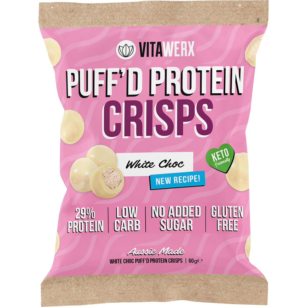 A 60g bag of Vitawerx White Choc Puff'd Protein Crisps on a white background.
