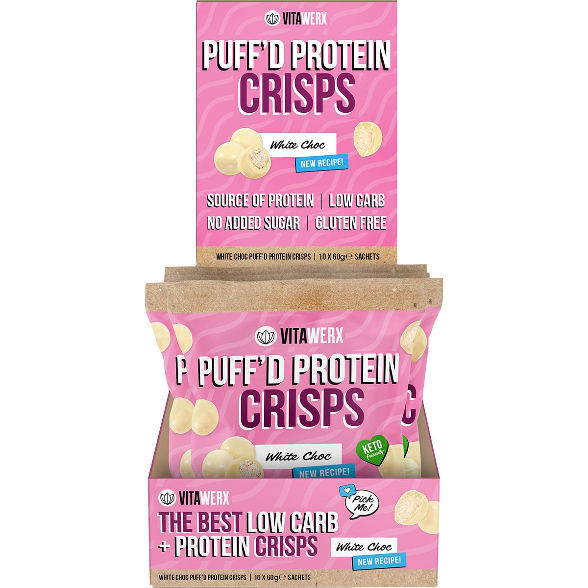 Ten-pack retail display box of Vitawerx White Choc Puff'd Protein Crisps on a white background.