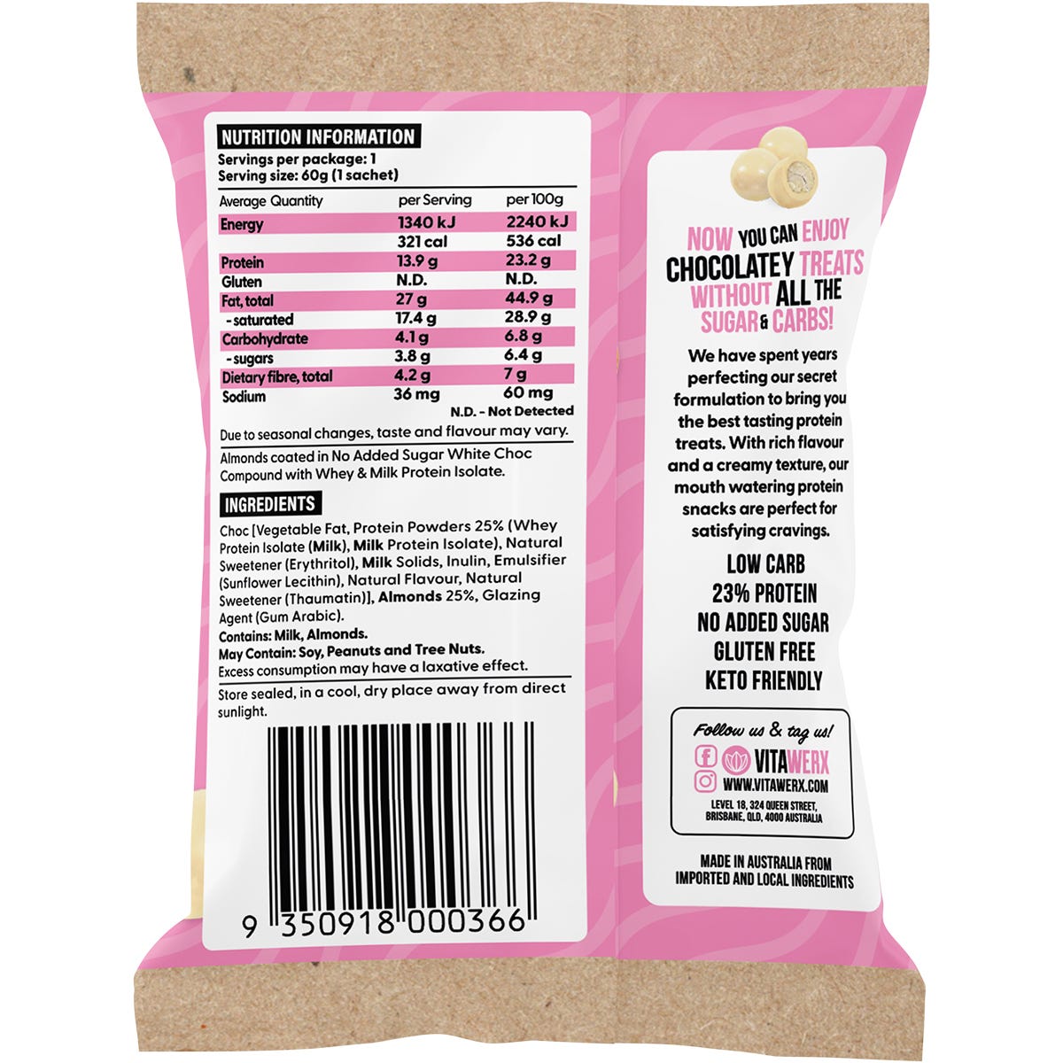 Back of Vitawerx White Choc Coated Almonds 60g bag with nutrition facts, ingredients, and storage instructions.