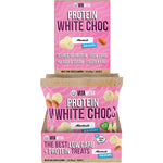 Retail display box of Vitawerx White Choc Coated Almonds with individual 60g snack bags on a white background.