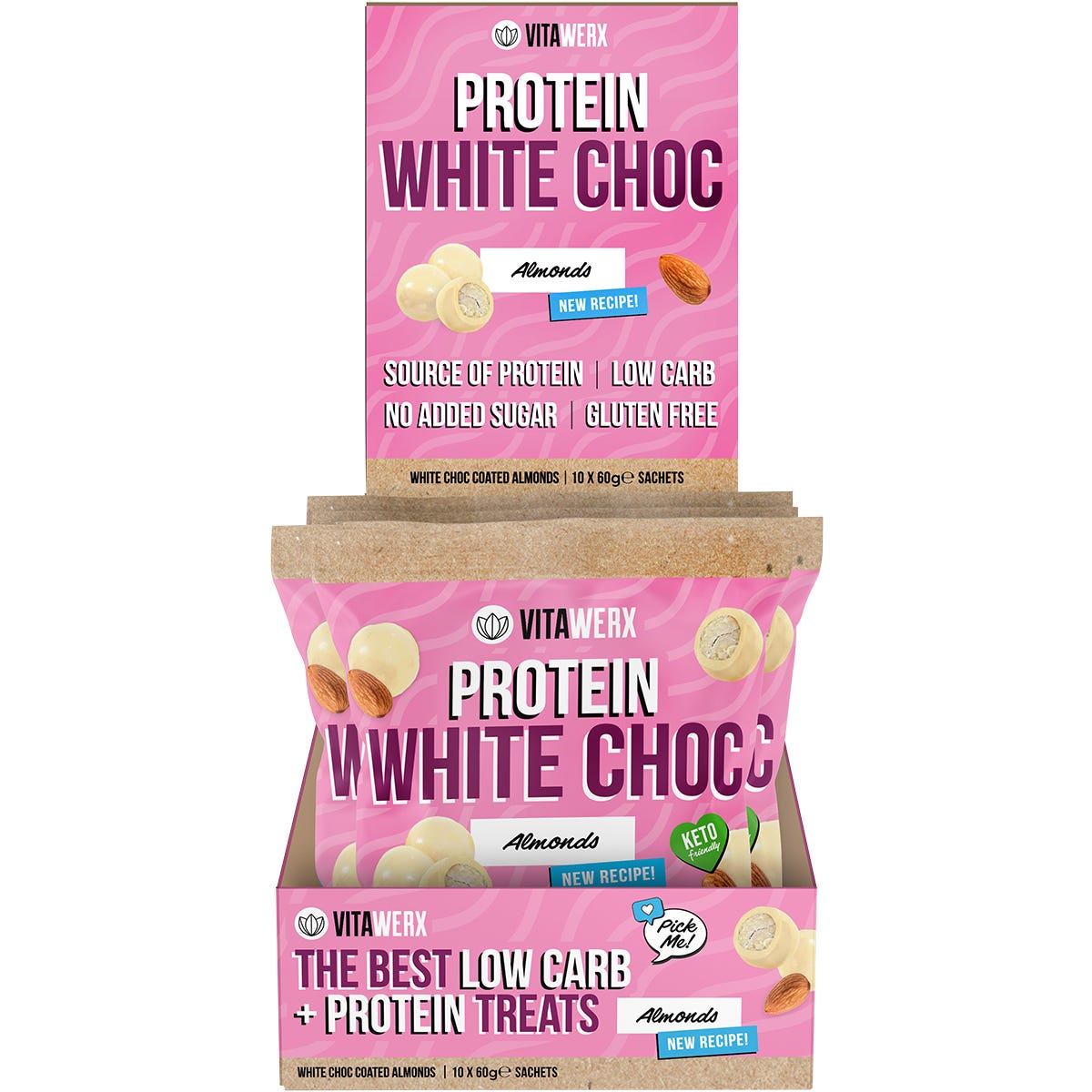 Retail display box of Vitawerx White Choc Coated Almonds with individual 60g snack bags on a white background.