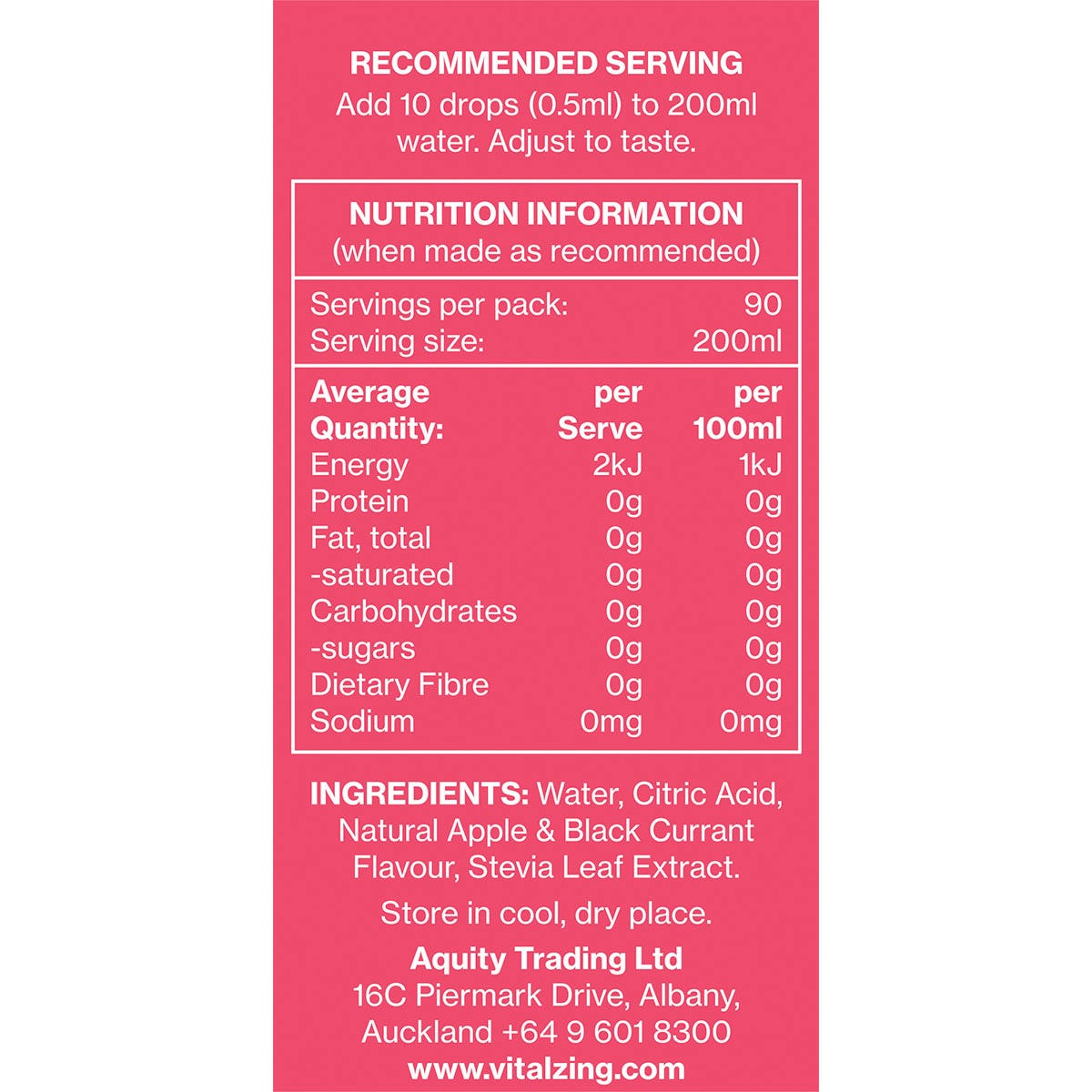 Nutrition information panel for Vital Zing Apple & Blackcurrant Water Drops showing zero sugar and calories.