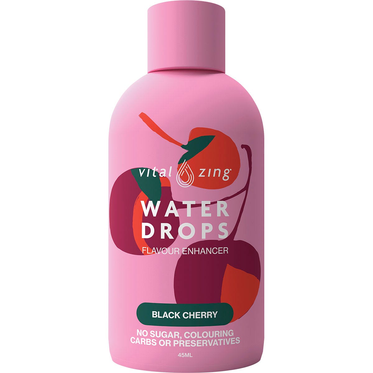 Small 45ml squeeze bottle of Vital Zing Black Cherry Water Drops featuring a black cherry illustration on the label.