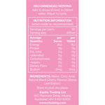 Nutrition facts panel for Vital Zing Black Cherry Water Drops showing zero sugar, carbs, and 2kJ energy per serve.