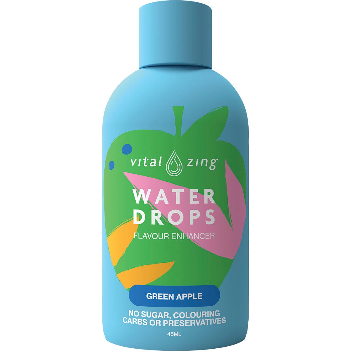 45ml bottle of Vital Zing Green Apple Water Drops with a green label featuring a sliced green apple.
