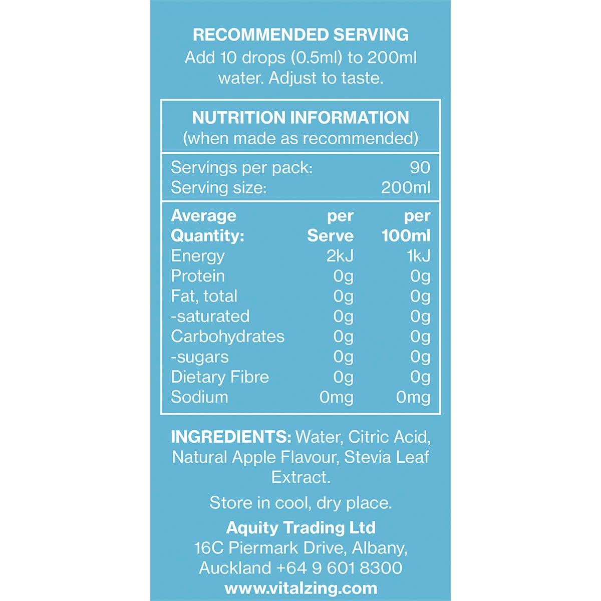 Back of Vital Zing Green Apple Water Drops bottle showing nutritional facts, ingredients, and directions for use.