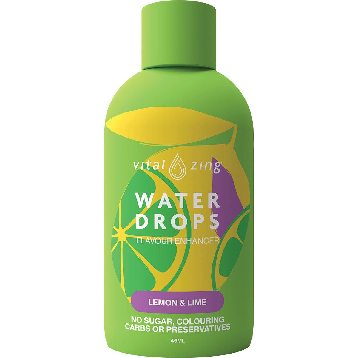 45ml squeeze bottle of Vital Zing Lemon and Lime Water Drops with green and yellow labels and a clear cap.