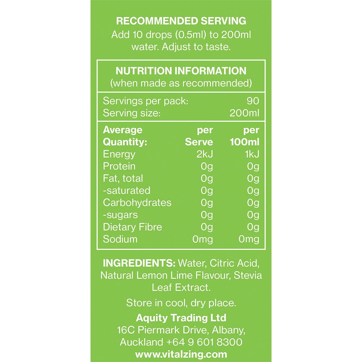 Nutrition facts and ingredients for Vital Zing Lemon & Lime Water Drops on a 45ml squeeze bottle.