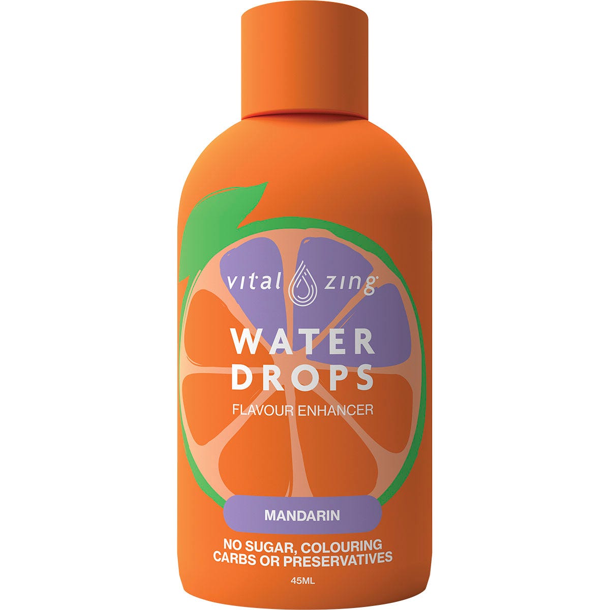 45ml bottle of Vital Zing Mandarin Water Drops with a bright orange label and natural flavor enhancer.