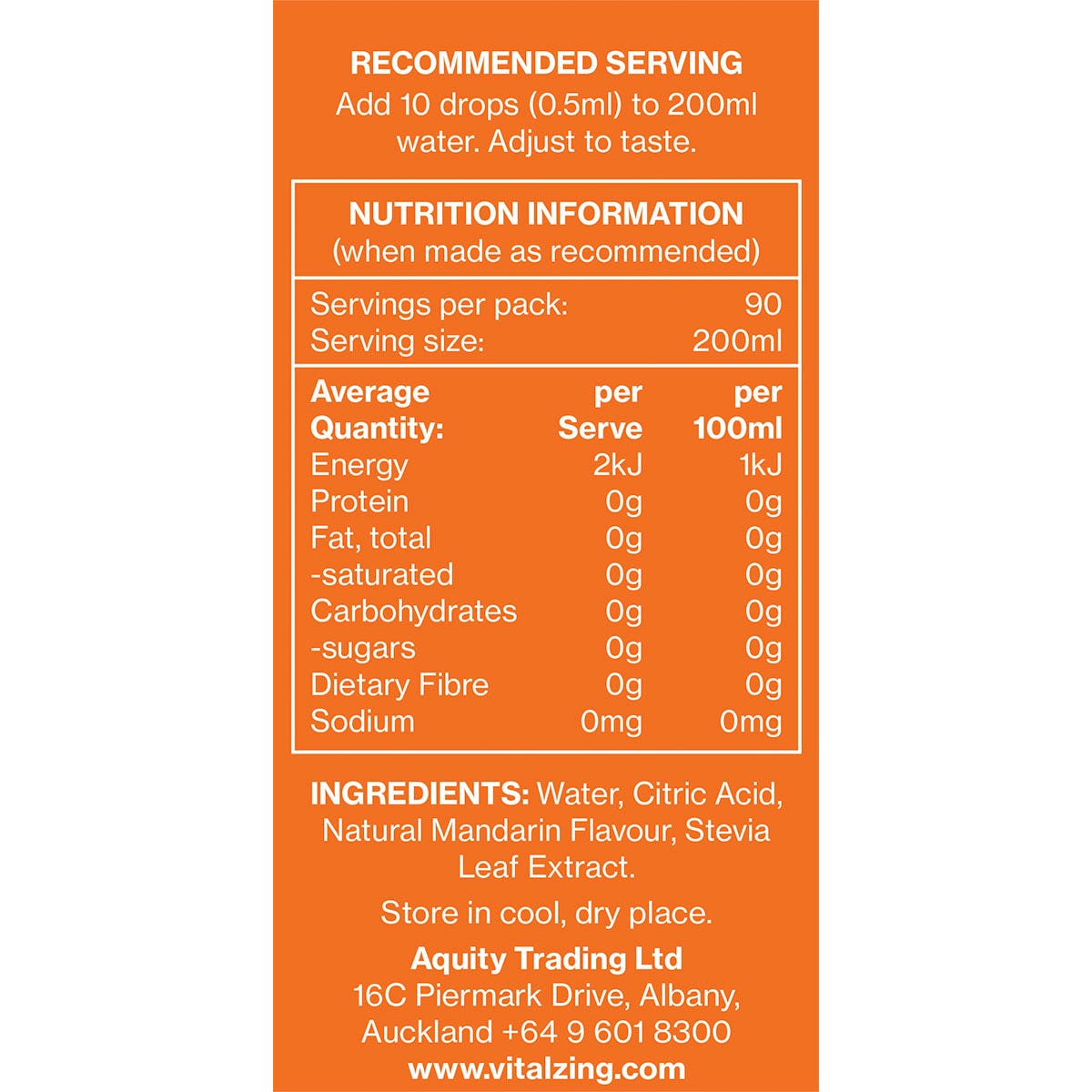 Nutrition facts and ingredients label for Vital Zing Mandarin Water Drops 45ml bottle.