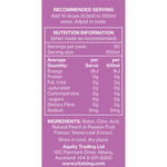 Nutrition information panel for Vital Zing Peach and Passionfruit Water Drops with ingredients and 90 servings.