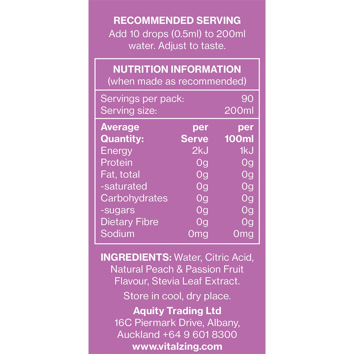 Nutrition information panel for Vital Zing Peach and Passionfruit Water Drops with ingredients and 90 servings.