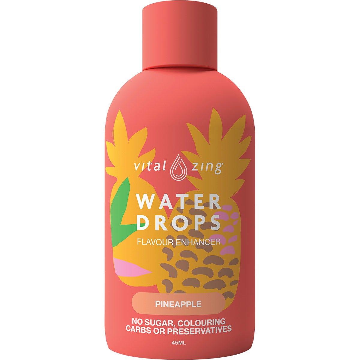 45ml bottle of Vital Zing Pineapple Water Drops, a natural sugar-free water enhancer with a yellow label.
