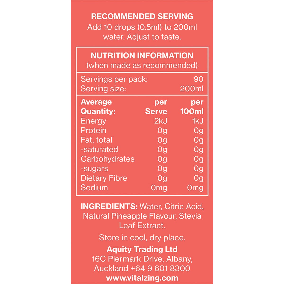 Nutrition facts panel for Vital Zing Pineapple Water Drops showing zero calories, sugar, and carbs per serving.