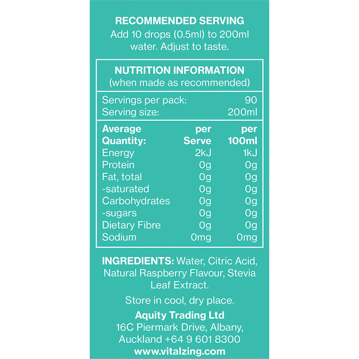 Back of Vital Zing Raspberry Water Drops bottle showing nutritional information and ingredients.