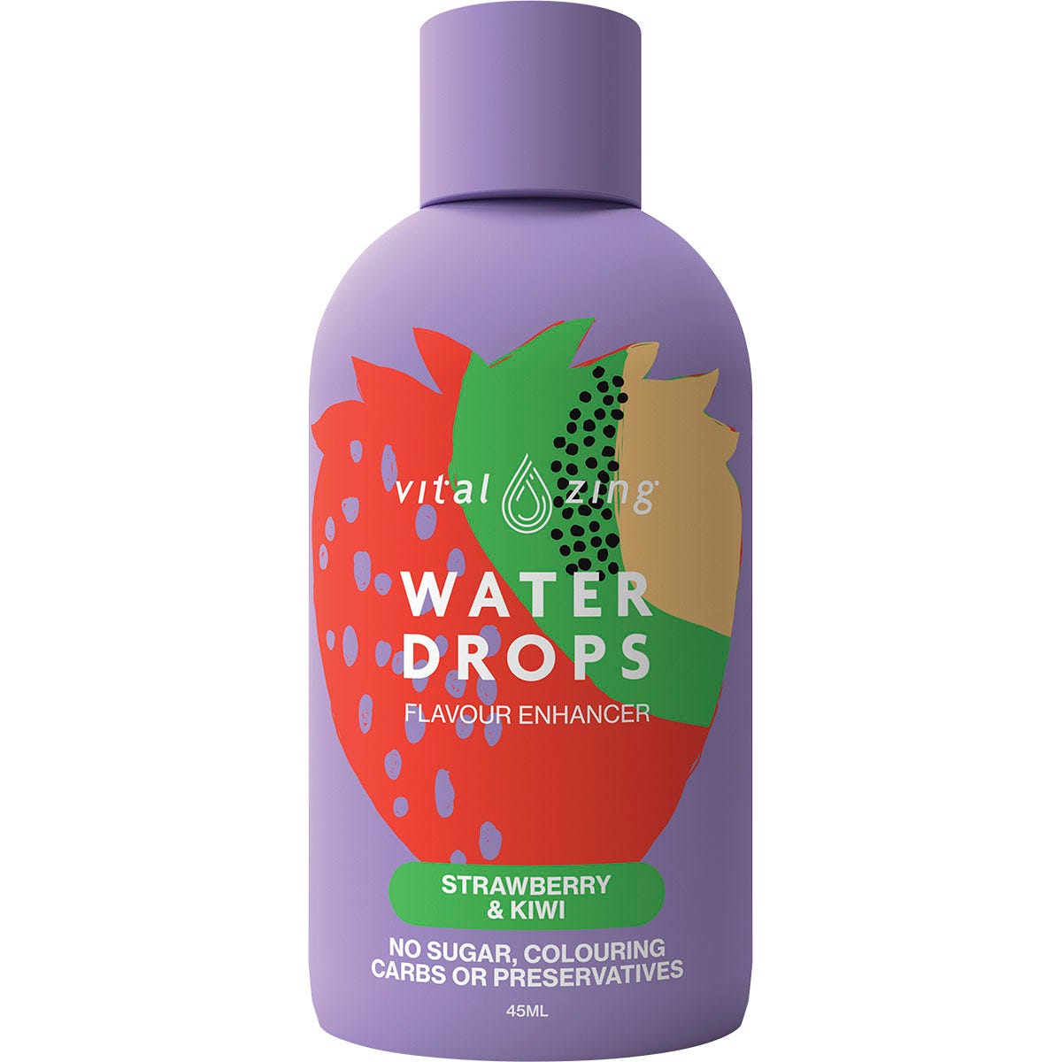 45ml bottle of Vital Zing Strawberry & Kiwi Water Drops with natural ingredients and zero sugar.