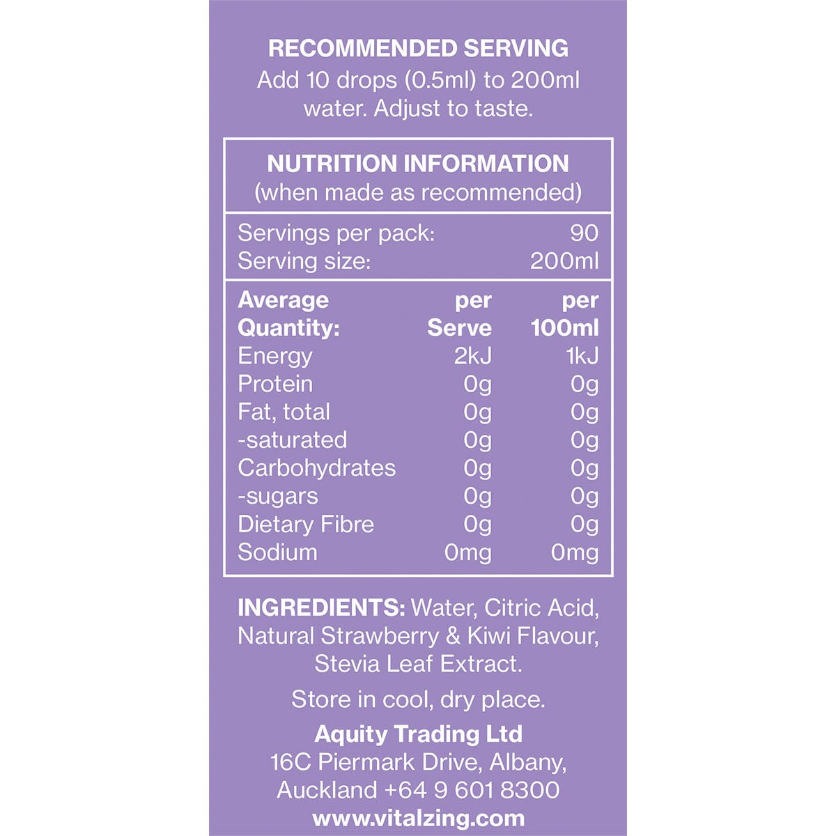 Nutrition information and ingredients for Vital Zing Strawberry and Kiwi Water Drops 45ml.