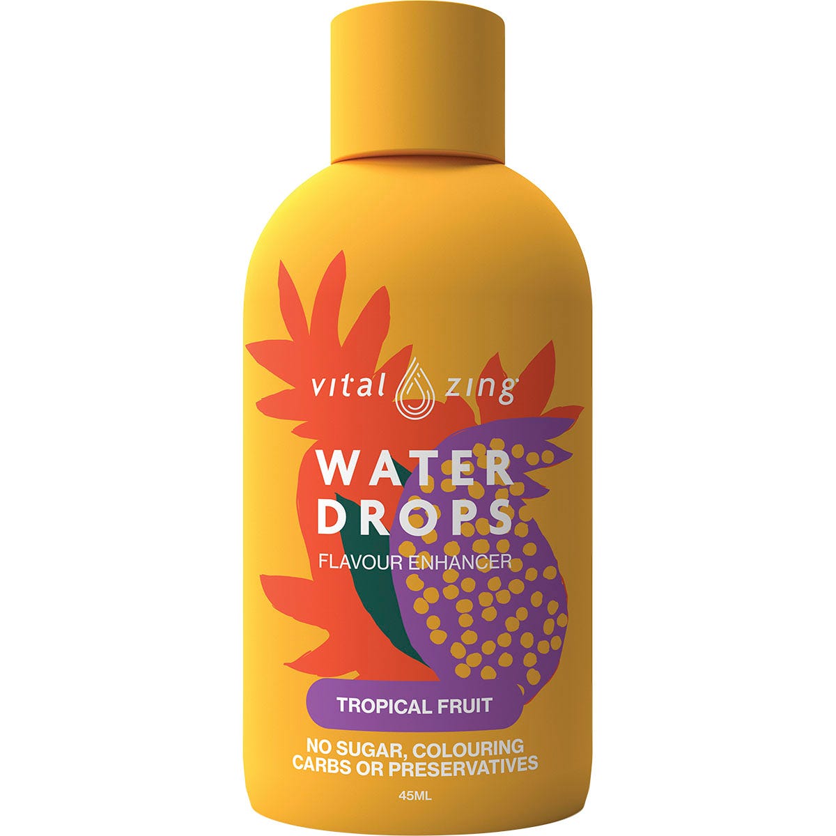 45ml bottle of Vital Zing Tropical Fruit Water Drops with a yellow and orange label featuring fruit illustrations.