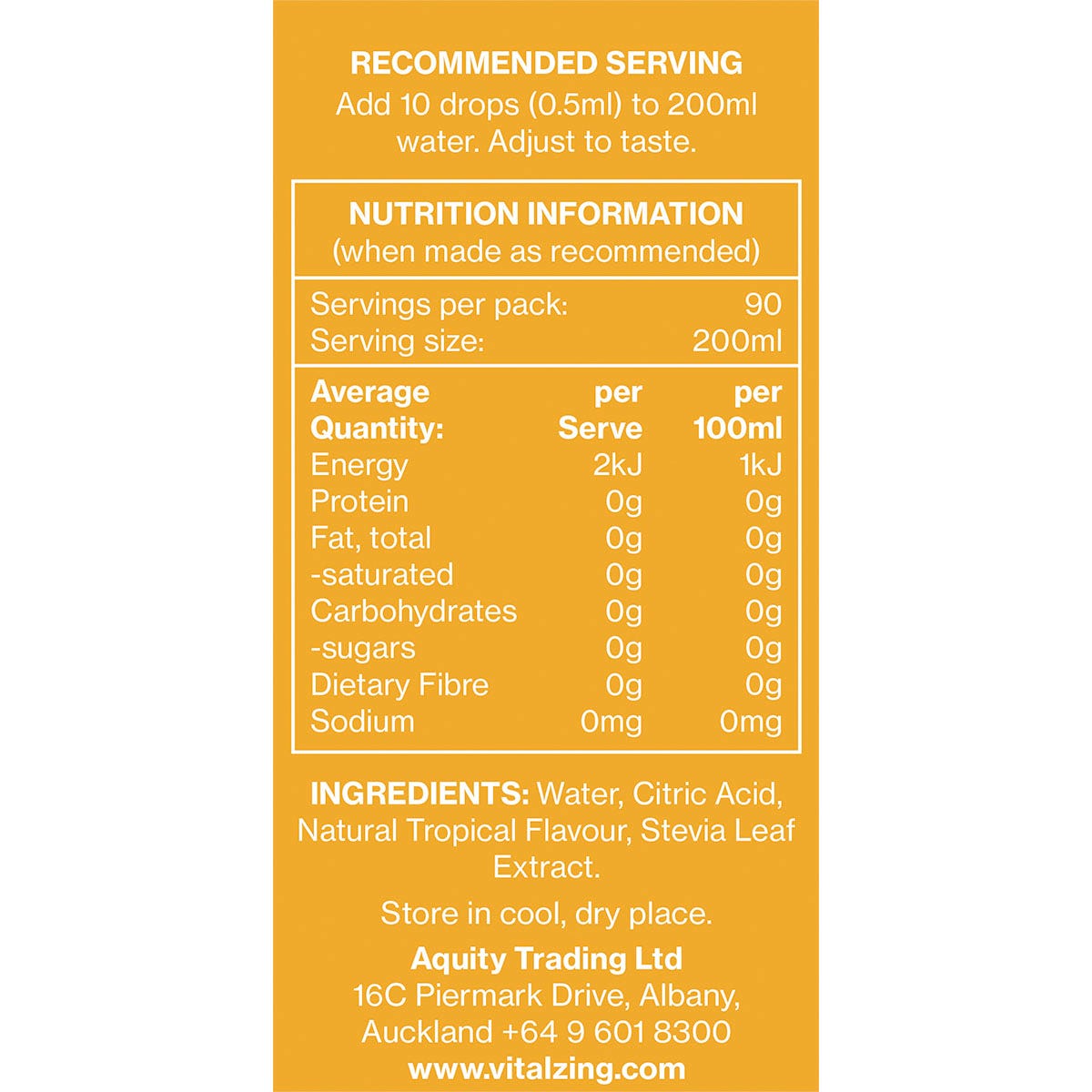Nutrition information for Vital Zing Tropical Fruit Water Drops with ingredients and serving size details.