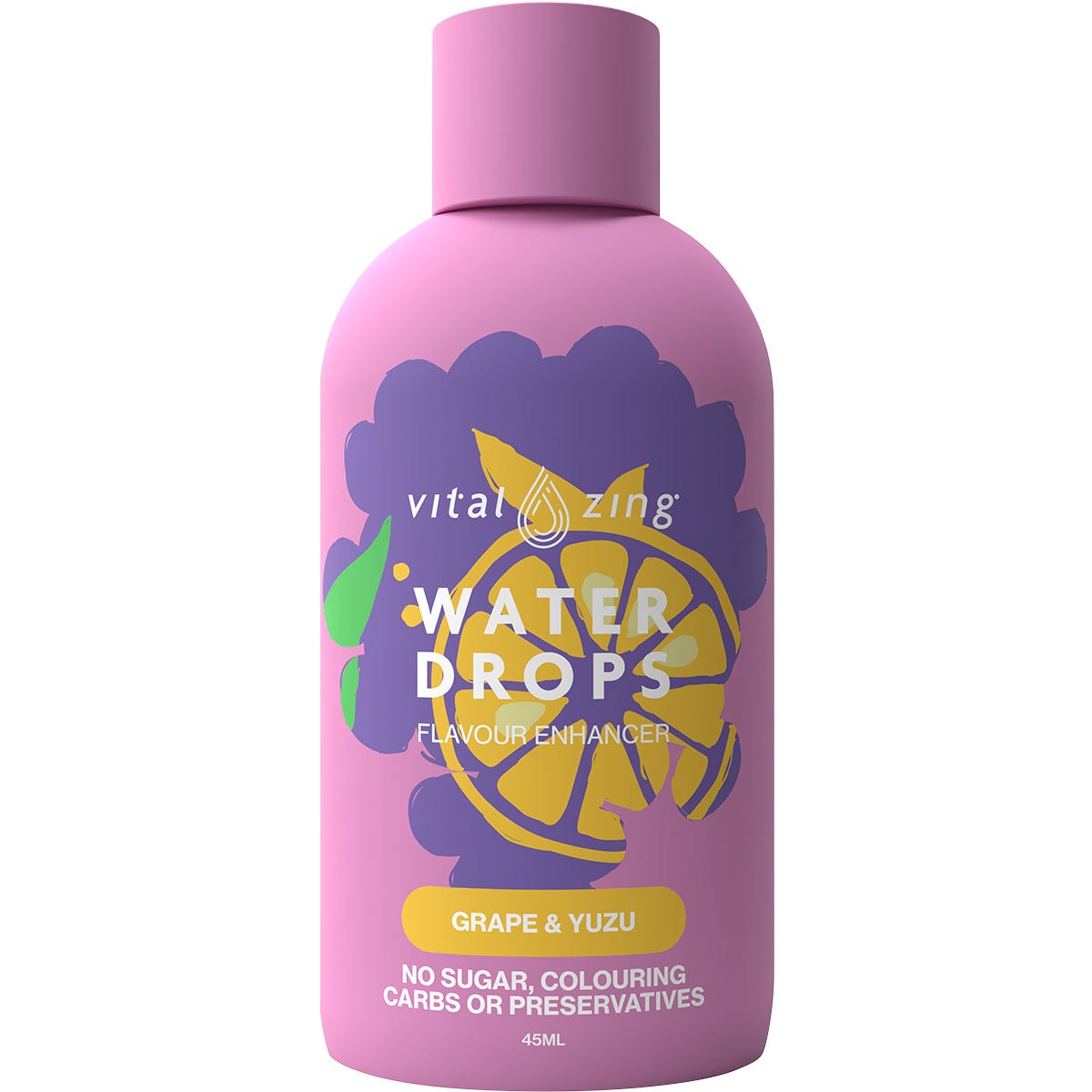 Vital Zing Grape and Yuzu Water Drops 45ml bottle with purple and yellow accents on a white background.