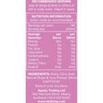 Back of Vital Zing Grape & Yuzu Water Drops 45ml bottle with nutrition facts, ingredients, and usage instructions.