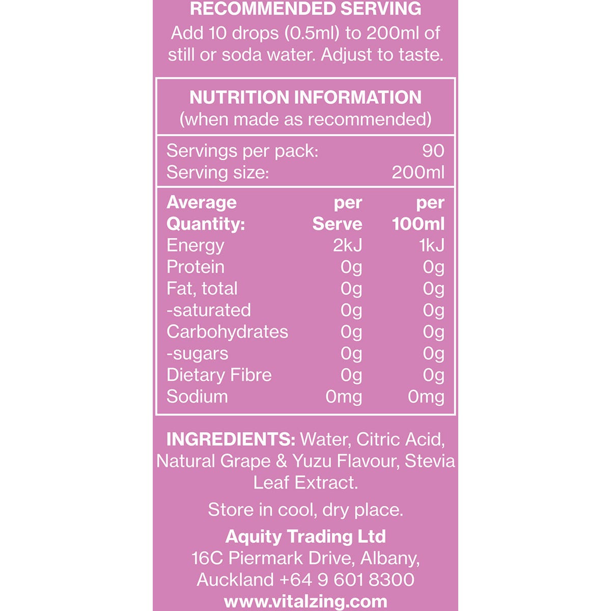 Back of Vital Zing Grape & Yuzu Water Drops 45ml bottle with nutrition facts, ingredients, and usage instructions.