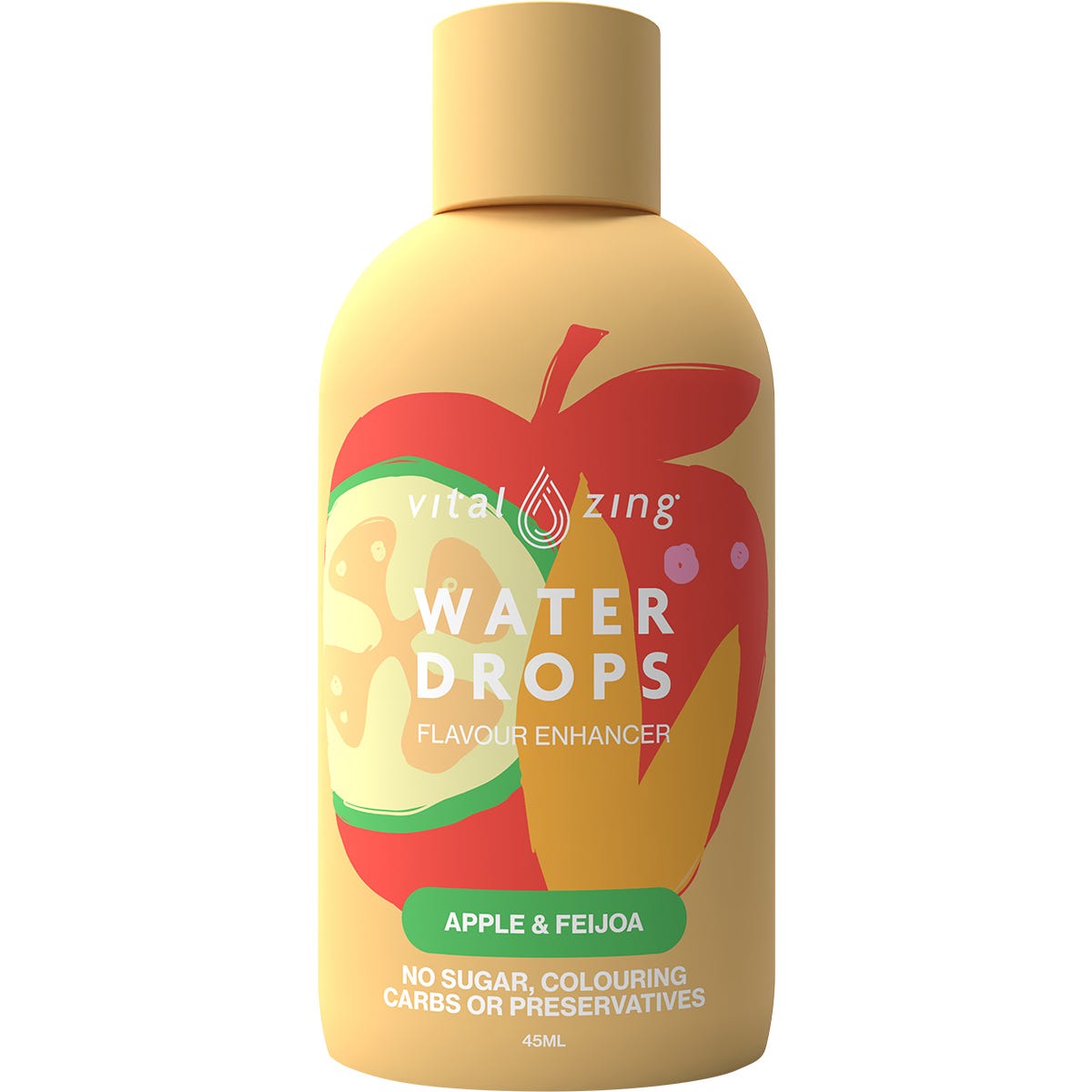 45ml bottle of Vital Zing Apple and Feijoa Water Drops with a green label and fruit illustrations.