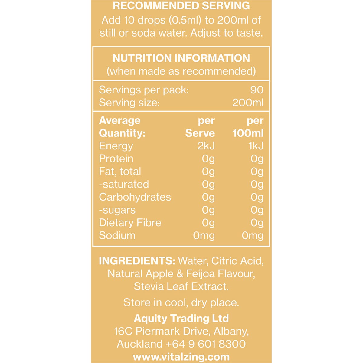 Nutrition information panel for Vital Zing Apple & Feijoa Water Drops showing zero sugar, carbs, and calories per serve.