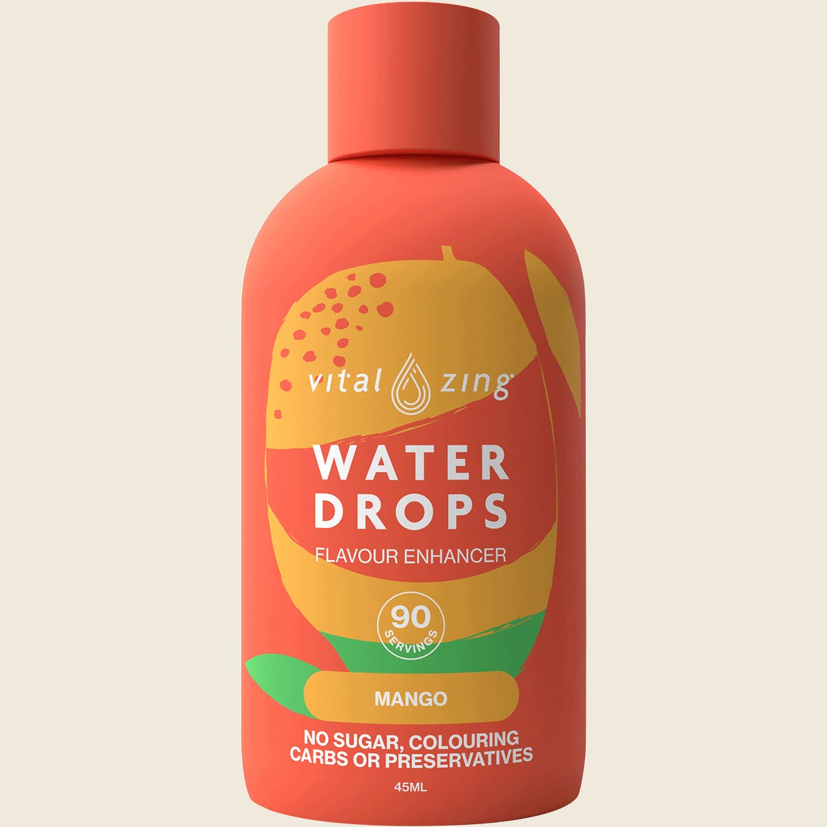 45ml bottle of Vital Zing Mango Water Drops, a natural sugar-free water enhancer sweetened with stevia.