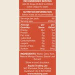 Nutrition information panel for Vital Zing Mango Water Drops showing zero sugar, carbs, and calories per serving.