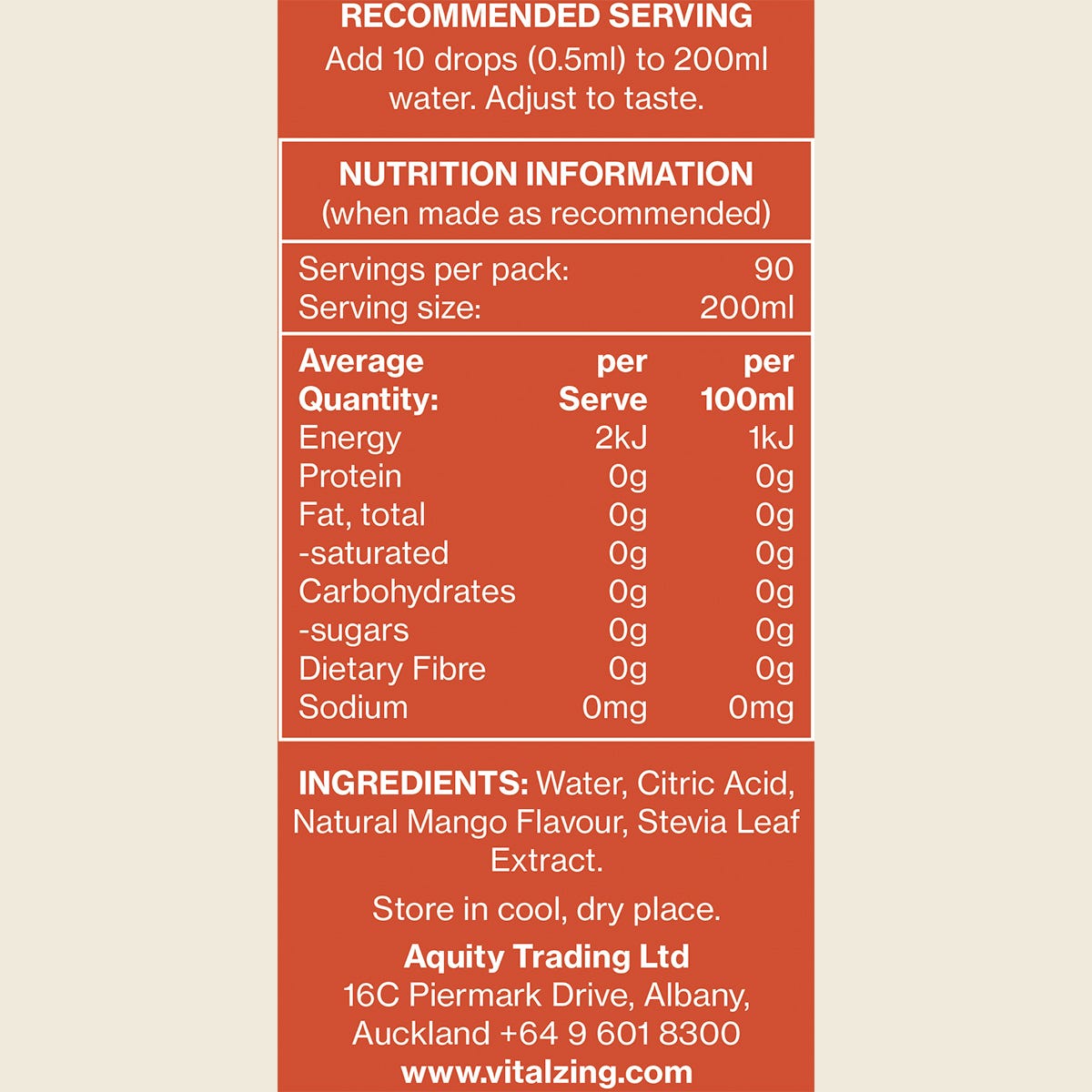 Nutrition information panel for Vital Zing Mango Water Drops showing zero sugar, carbs, and calories per serving.