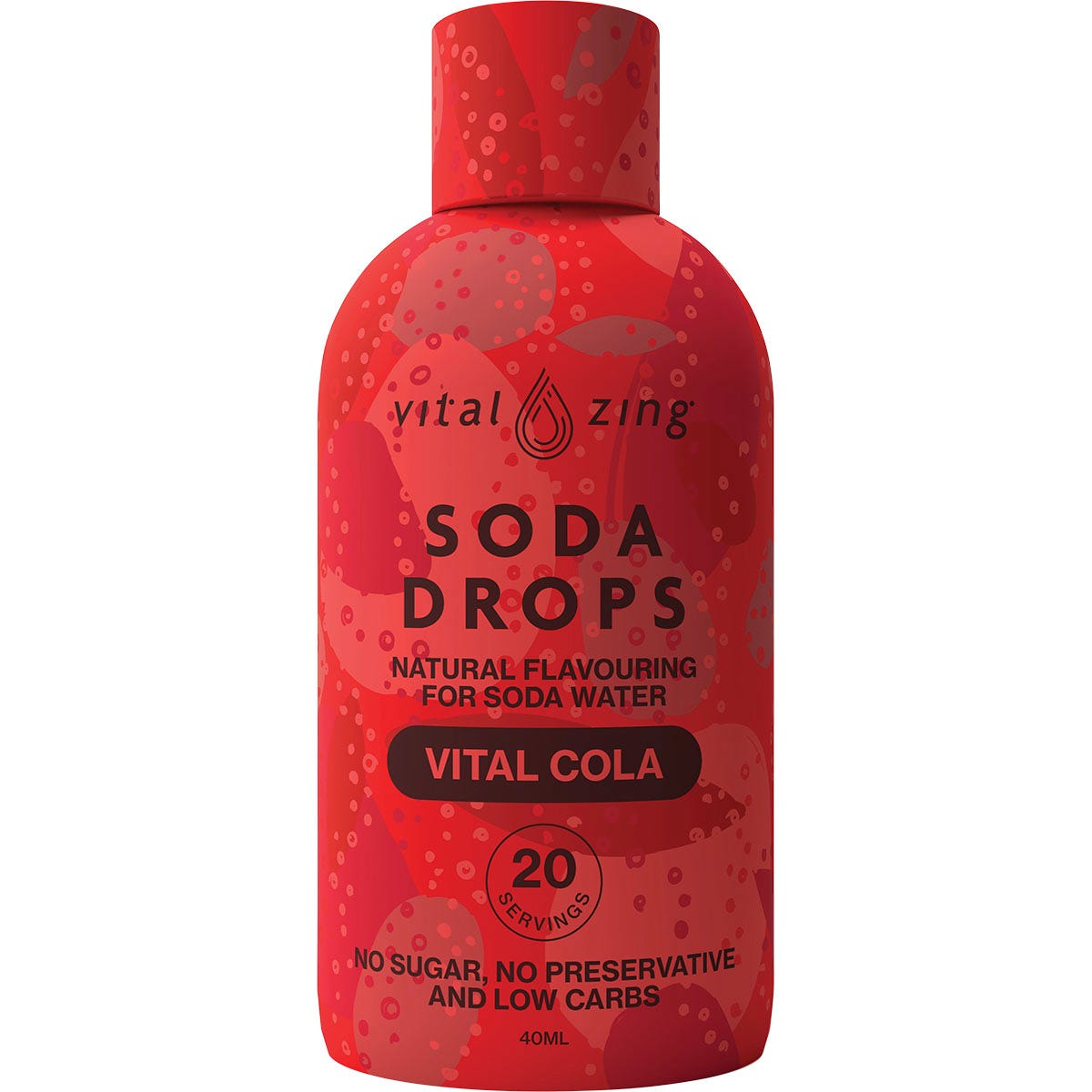 Vital Zing Soda Drops Vital Cola 40ml bottle with a brown label and natural stevia sweetener.