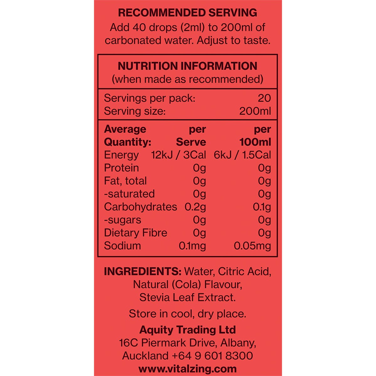 Nutrition information panel for Vital Zing Vital Cola Soda Drops showing ingredients and serving details.