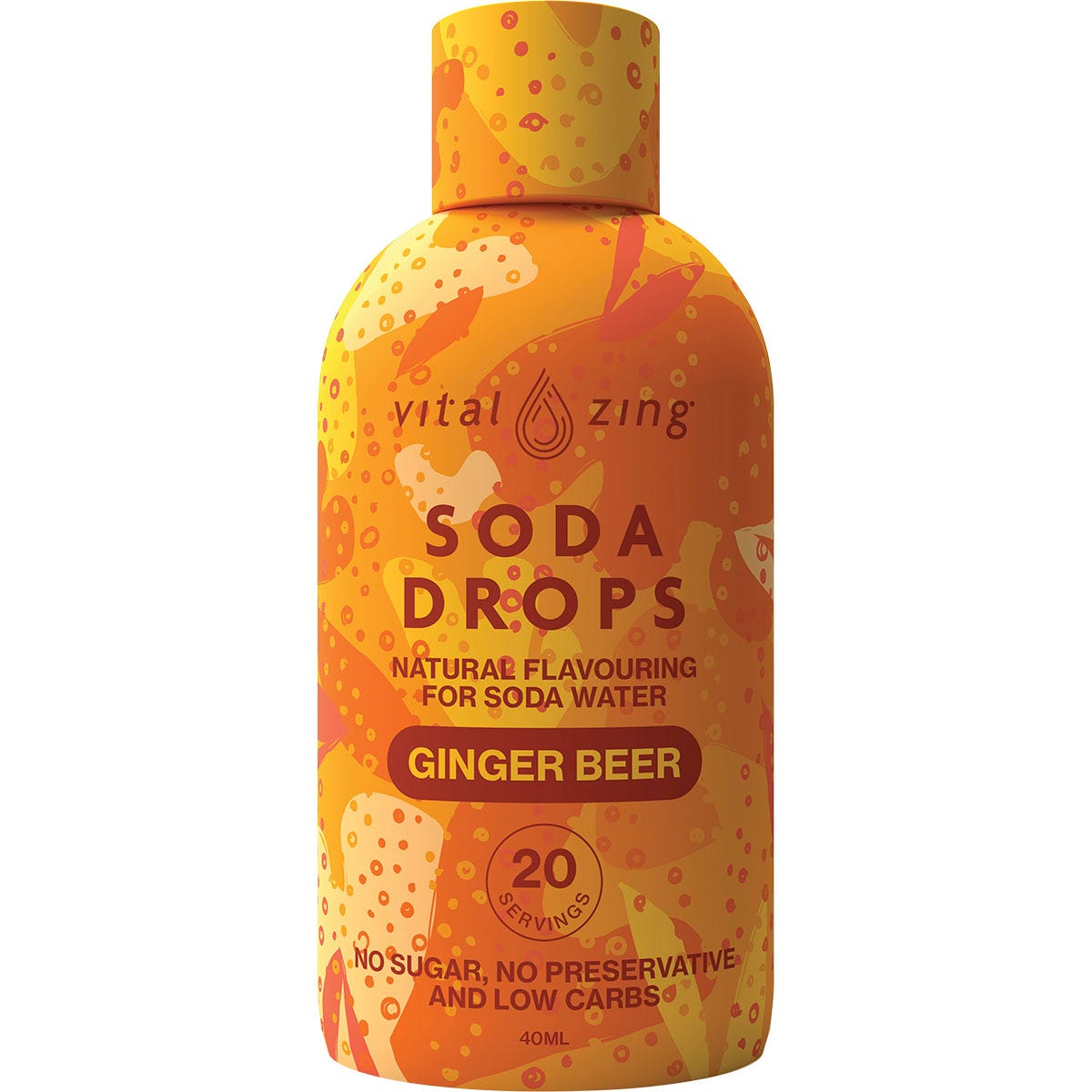 40ml bottle of Vital Zing Ginger Beer Soda Drops flavor enhancer with a white cap and yellow and brown label.