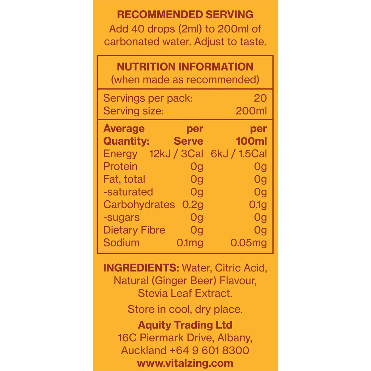 Back of Vital Zing Ginger Beer Soda Drops bottle showing nutrition information, ingredients, and directions for use.