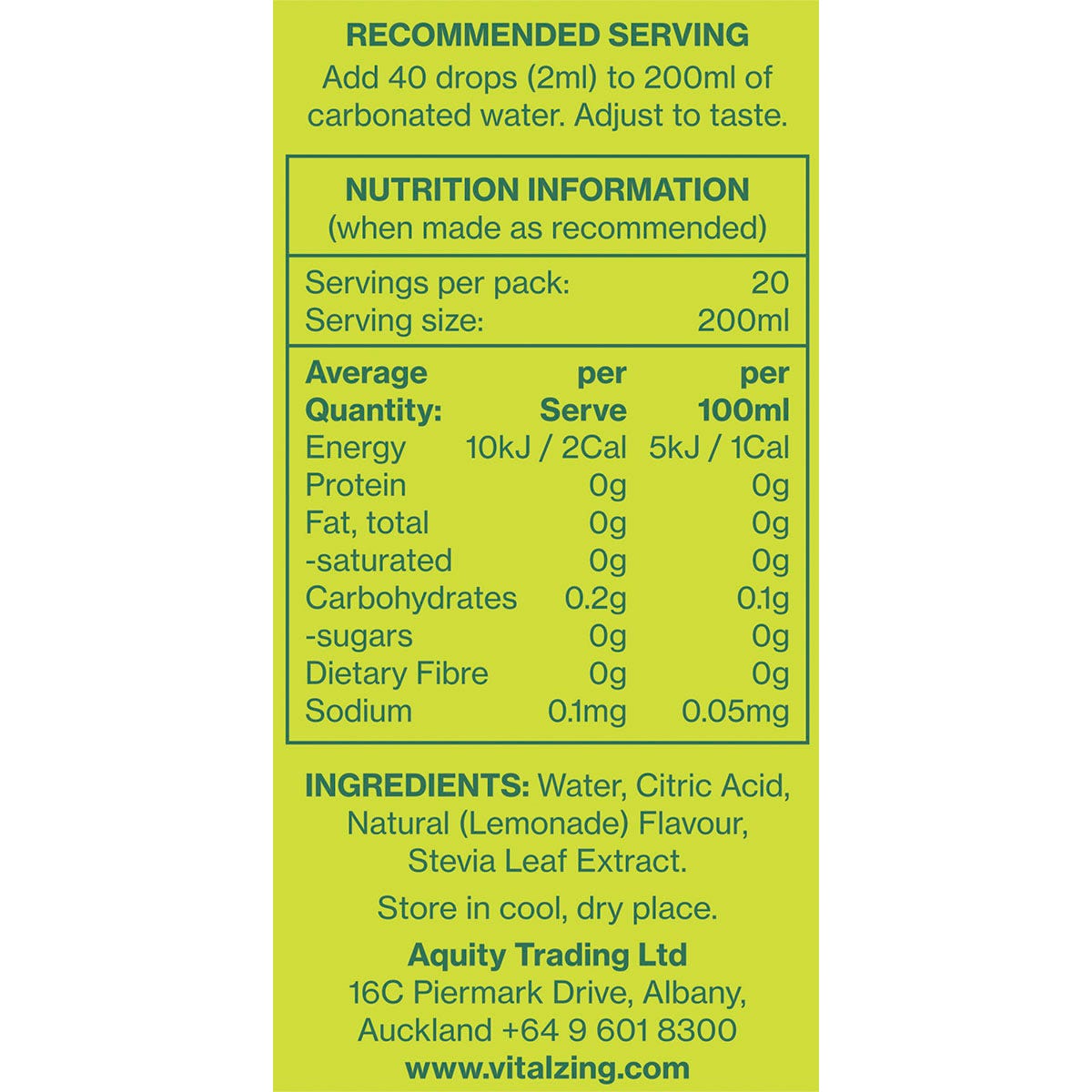 Back of Vital Zing Lemonade Soda Drops 40ml bottle showing nutrition facts, ingredients, and directions.