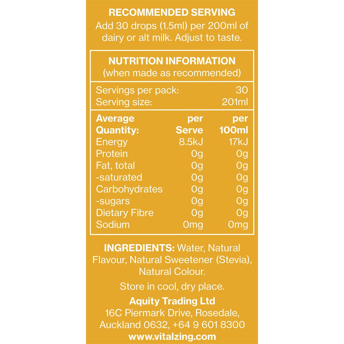 Nutrition facts and ingredients for Vital Zing Banana Milk Drops 40ml, featuring 40 serves and zero sugar.