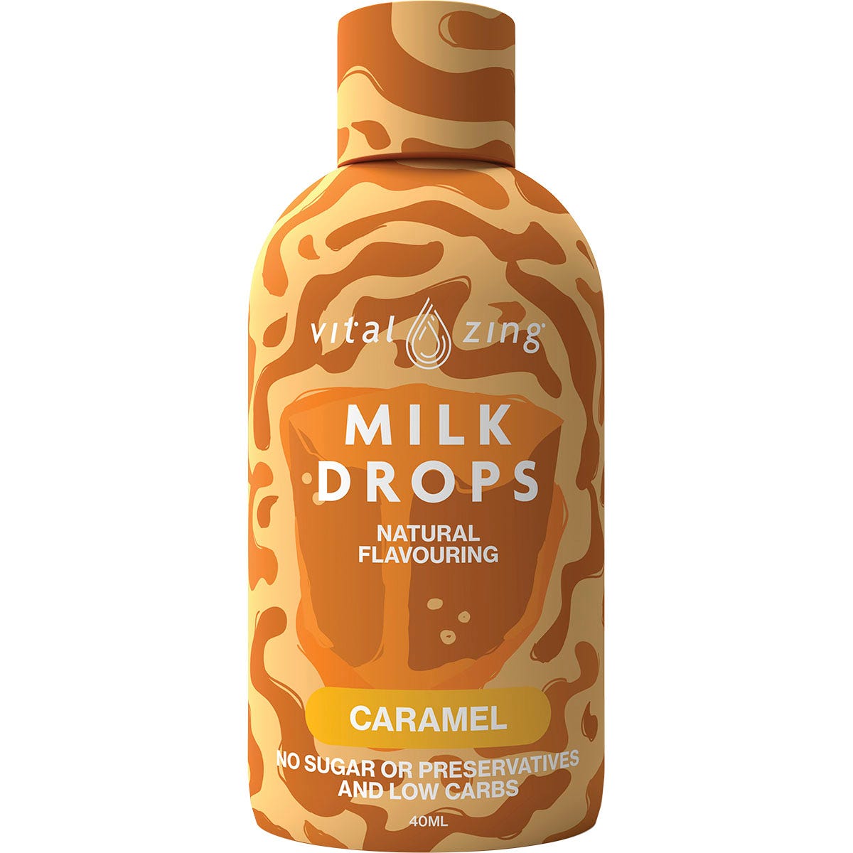 40ml bottle of Vital Zing Caramel Milk Drops with a brown label featuring a splash of caramel-colored milk.