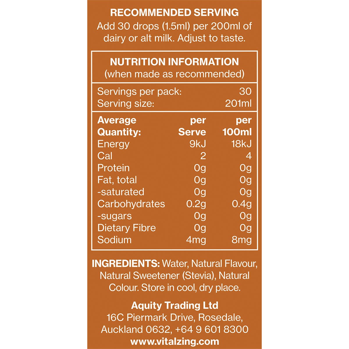 Nutrition information panel for Vital Zing Caramel Milk Drops 40ml showing zero sugar, carbs, and 40 servings.