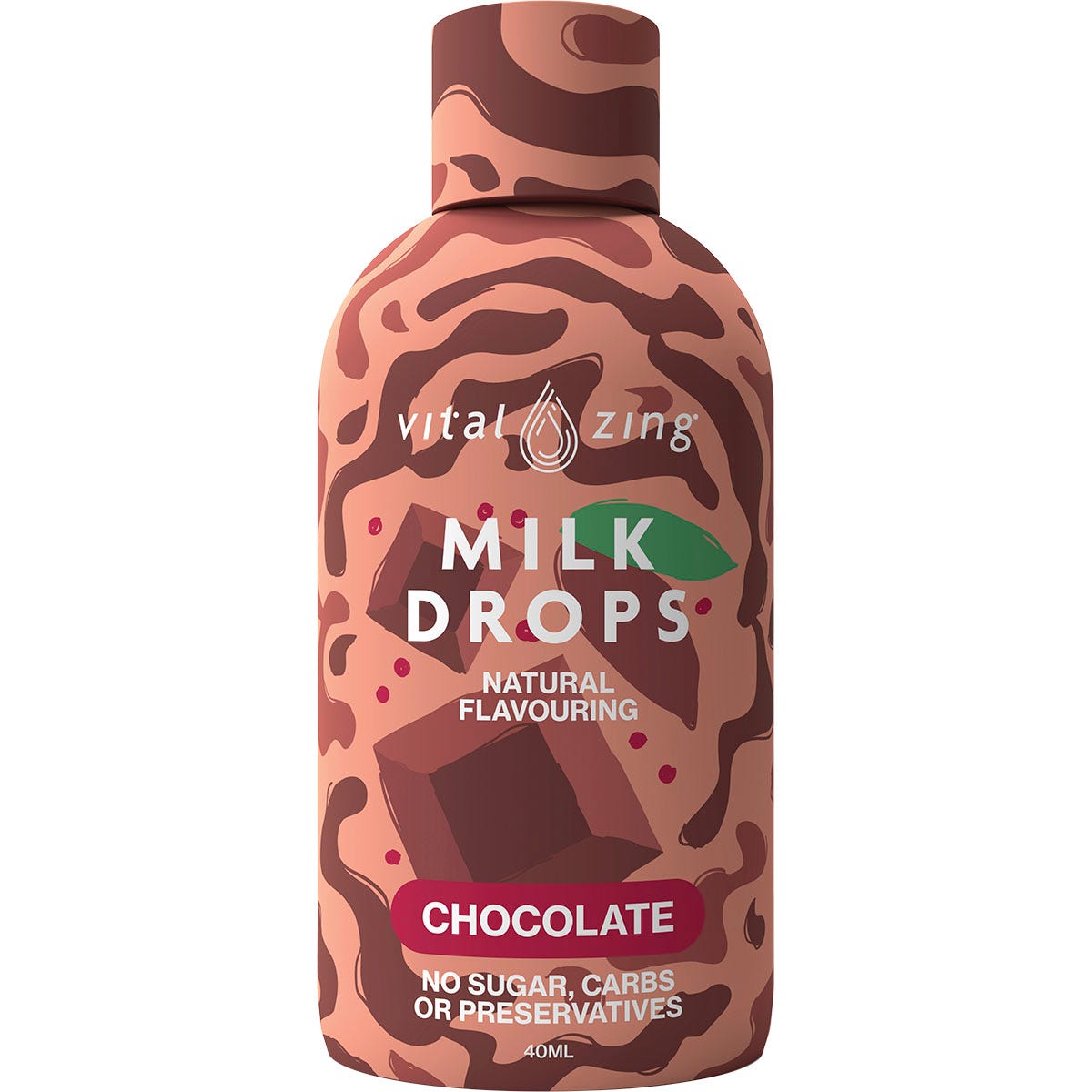 40ml bottle of Vital Zing Chocolate Milk Drops with a brown label and dropper cap on a white background.