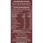Nutrition information panel for Vital Zing Chocolate Milk Drops showing zero sugar, carbs, and 12kJ energy per serving.
