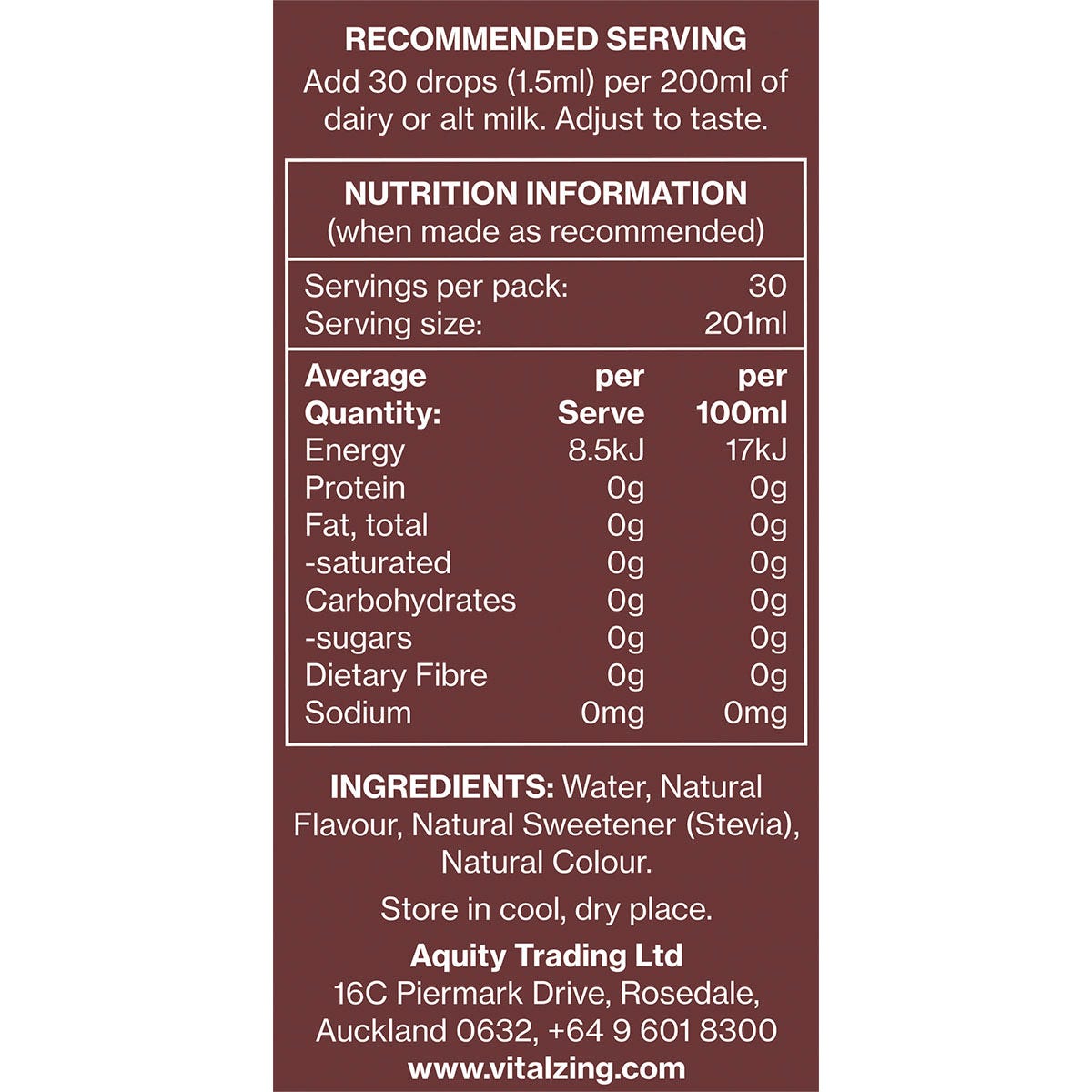 Nutrition information panel for Vital Zing Chocolate Milk Drops showing zero sugar, carbs, and 12kJ energy per serving.