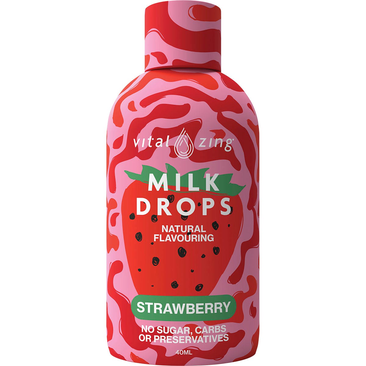 Vital Zing Milk Drops Strawberry 40ml bottle with a pink label on a white background.