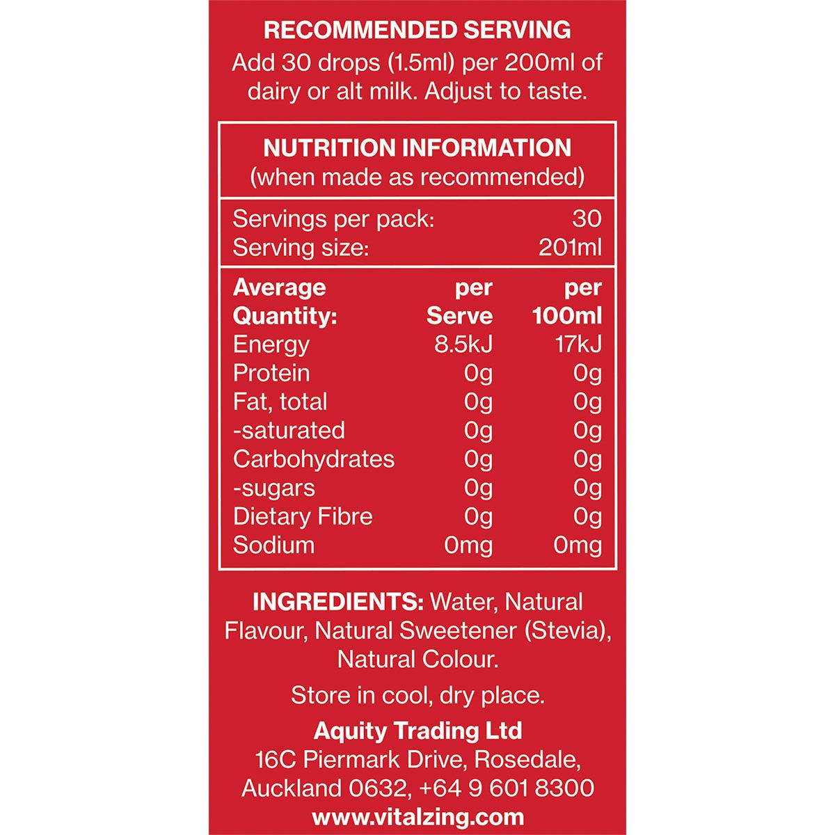 Nutrition facts and ingredients label for Vital Zing Strawberry Milk Drops 40ml.