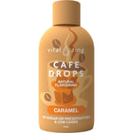 40ml bottle of Vital Zing Caramel Cafe Drops with a dropper cap, featuring a gold and brown label.